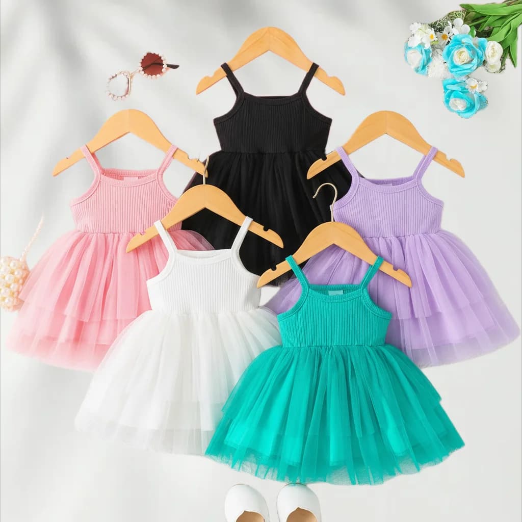 Abiti Estivi 2026 per Bambine 0-2 Anni, Vestiti Principessa in Tulle Soffice Tinta Unita con Bretelle, Abbigliamento per Neonati