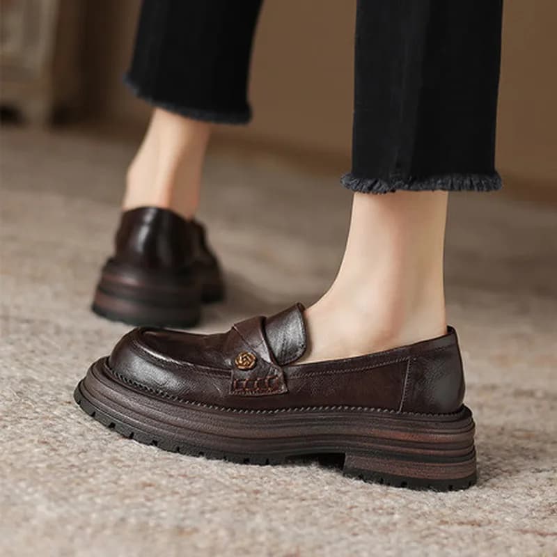 Women Minimalist Platform Loafers Round Toe 4.5 Chunky Heel Genuine Sheepskin Slip On Shoes Pigskin Lining Rubber SoleG438
