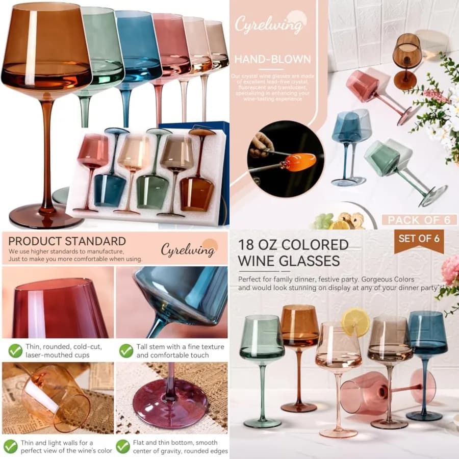 Set di 6 bicchieri da vino colorati da 18oz, bicchieri da vino in cristallo soffiato a mano con stelo - Set regalo di bicchieri da vino multicolor per matrimonio