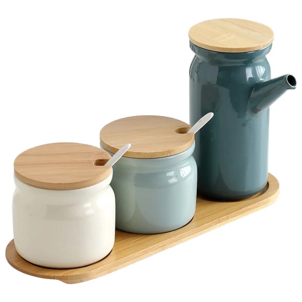 Set Premium di Barattoli in Ceramica per Condimenti con Contenitore per Olio, Base in Legno, Coperchi Sigillati, per Spezie, Pepe, Sale, Conservazione in Cucina