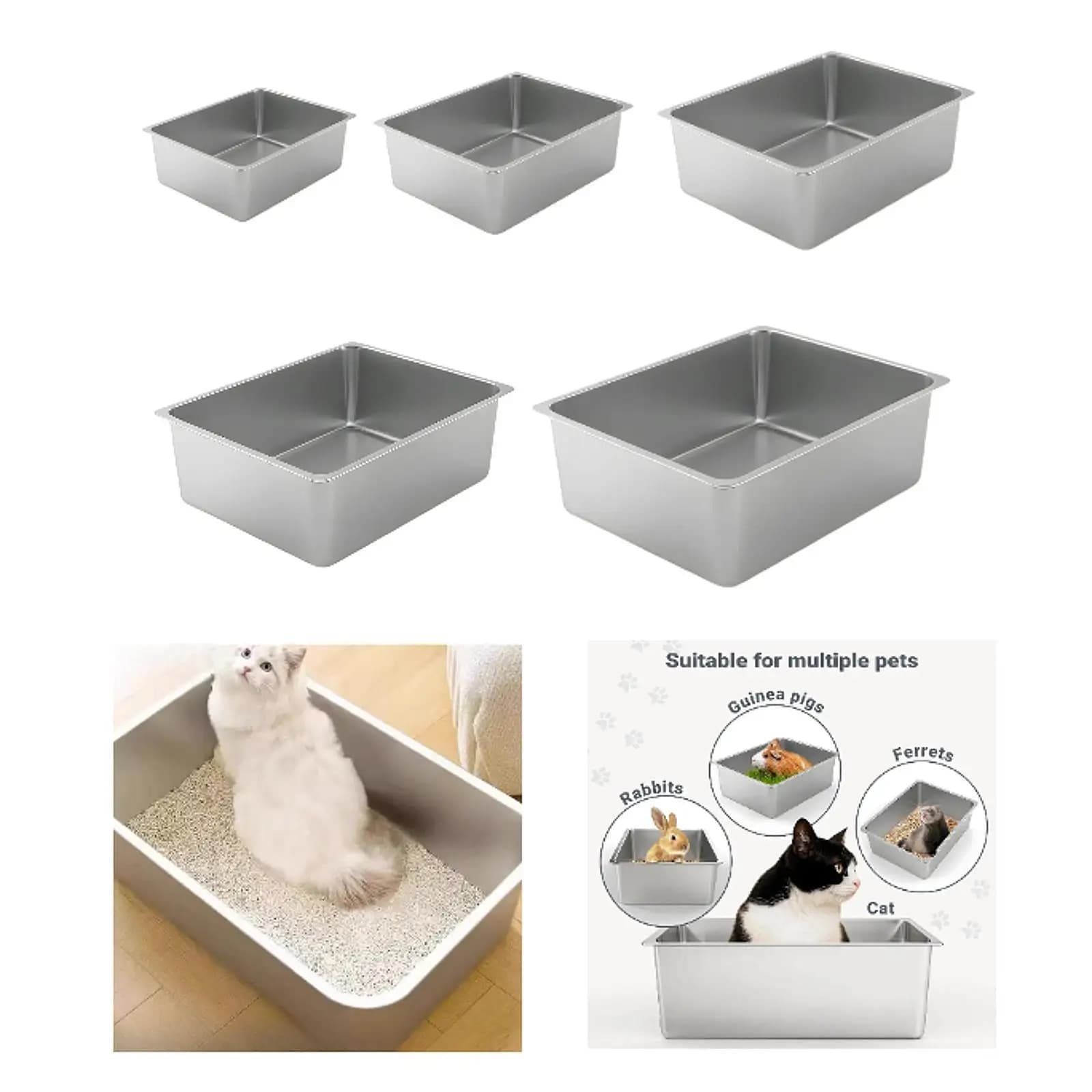 Lettiera per Gatti in Acciaio Inox, Toilette Anti-Schizzi, Accessori per Animali, Vasca per Pulizia Gatti, Lettiera Aperta per Animali Domestici
