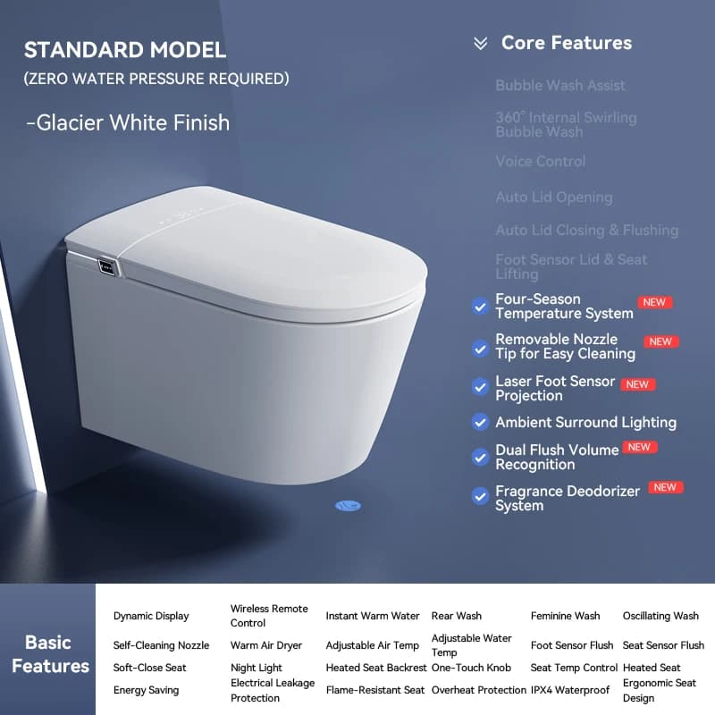 Smart wall toilet with automatic cover, P-Trap siphon discharge, jet drain, ceramic heated seat