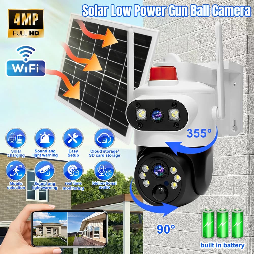 Solar Security Cameras Wireless Outdoor Dual Lens 4MP WiFi PTZ Outdoor Camera Motion Detection Push Notification Home CCTV Surveillance Cam