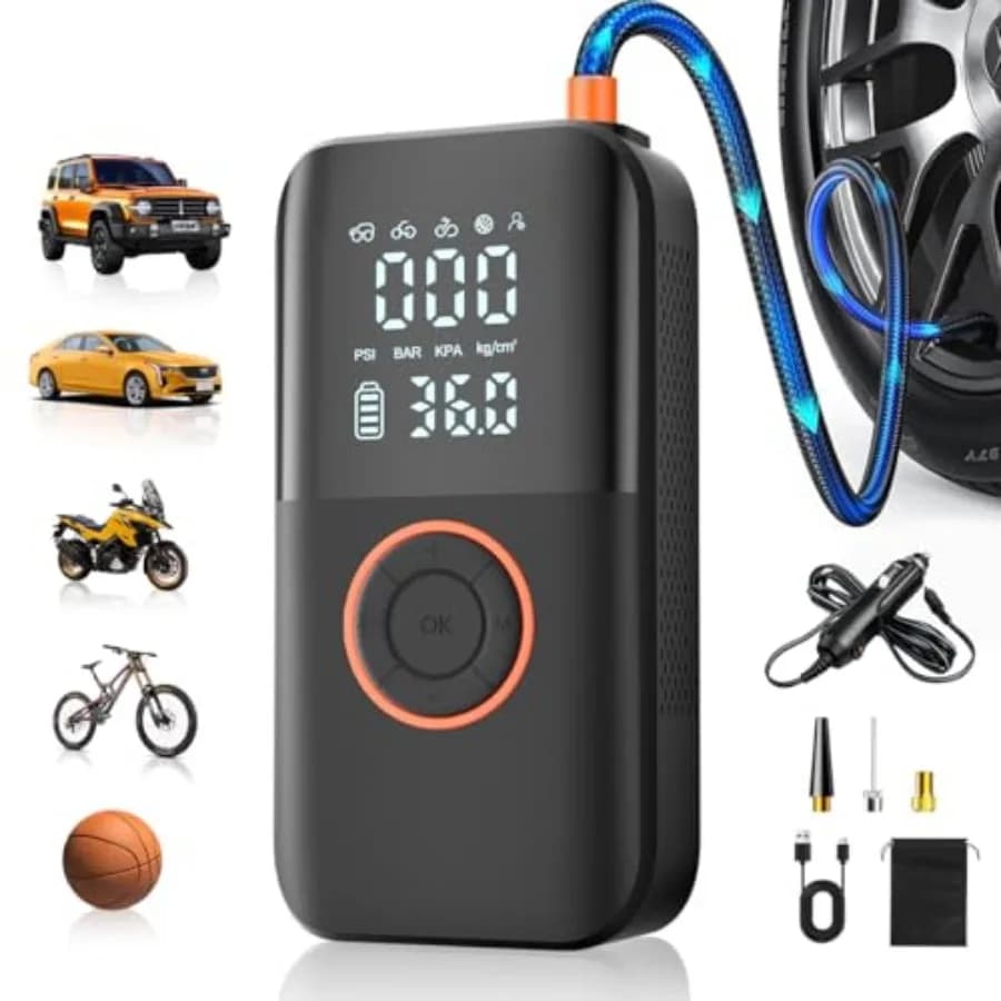 Compressore d'aria portatile per gonfiaggio pneumatici 150PSI, pompa per pneumatici senza fili 12V DC e doppia alimentazione a batteria, pompa ad aria con spegnimento automatico per auto.