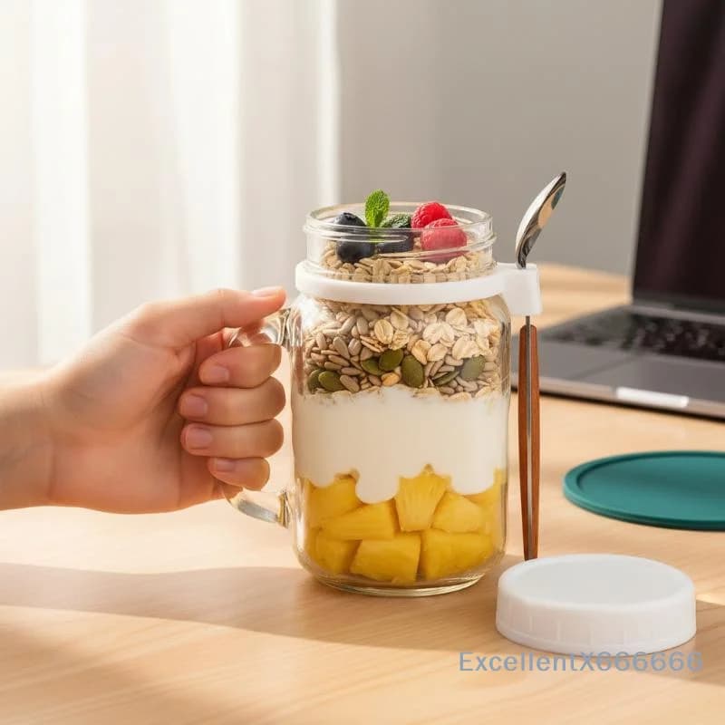 Contenitore in Vetro da 500ml per Overnight Oats con Manico, Coperchio e Cucchiaio, Ideale per Colazioni Salutari e Preparazione Pasti