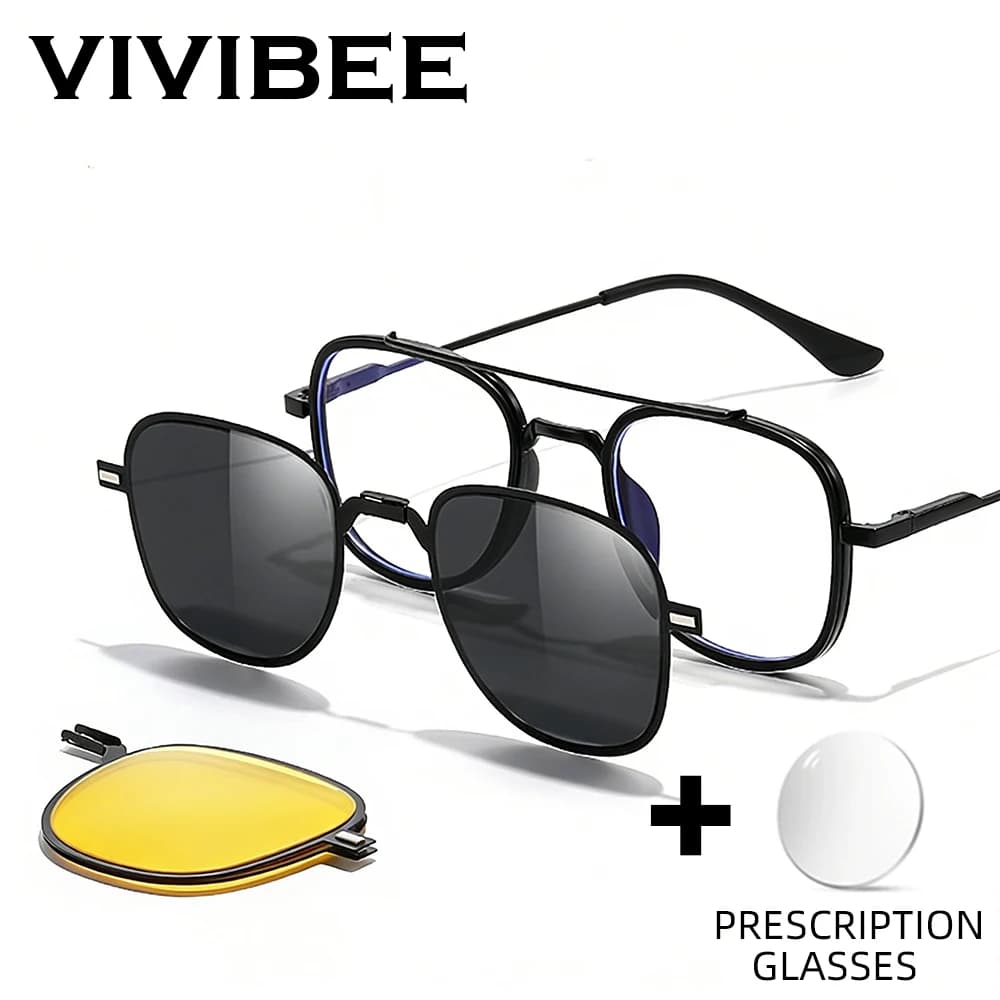 VIVIBEE Customized Optical Myopia Glasses, Retro Titanium Frame with Magnetic Clip-on Polarized & Photochromic Sunglasses