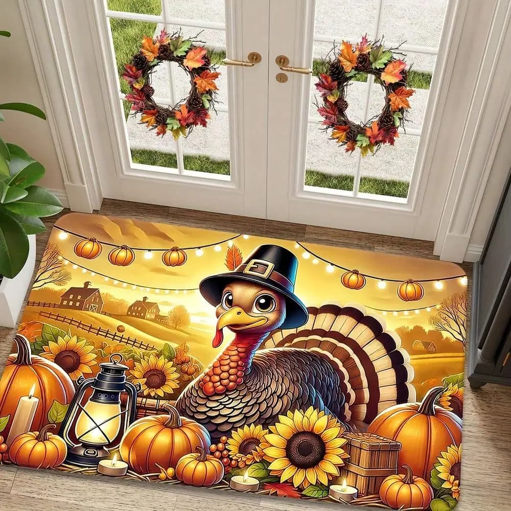 1pc Thanksgiving Turkey Pattern Door Mat, Soft Flannel Non-Slip Mat For Entryway Decor Suitable As Laundry Room Accent Kitchen Floor Mats Washable Farmhouse Style Bathroom Mat Ideal In Hallways Bedside Rugs Accessories Fall Creative Gift, Bedside