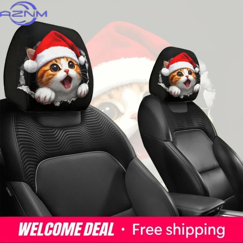 Simpatici copri poggiatesta per auto con gatto tabby che indossa un cappello rosso, 2 pezzi - morbidi e lavabili, adatti per sedili anteriori e posteriori, regalo per le vacanze