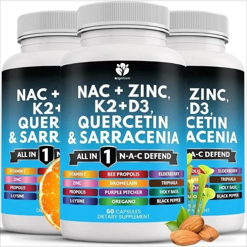NAC supplements contain vitamin D3, K2, zinc, quercetin, elderberry, propolis, bromelain, and lysine-60 capsules