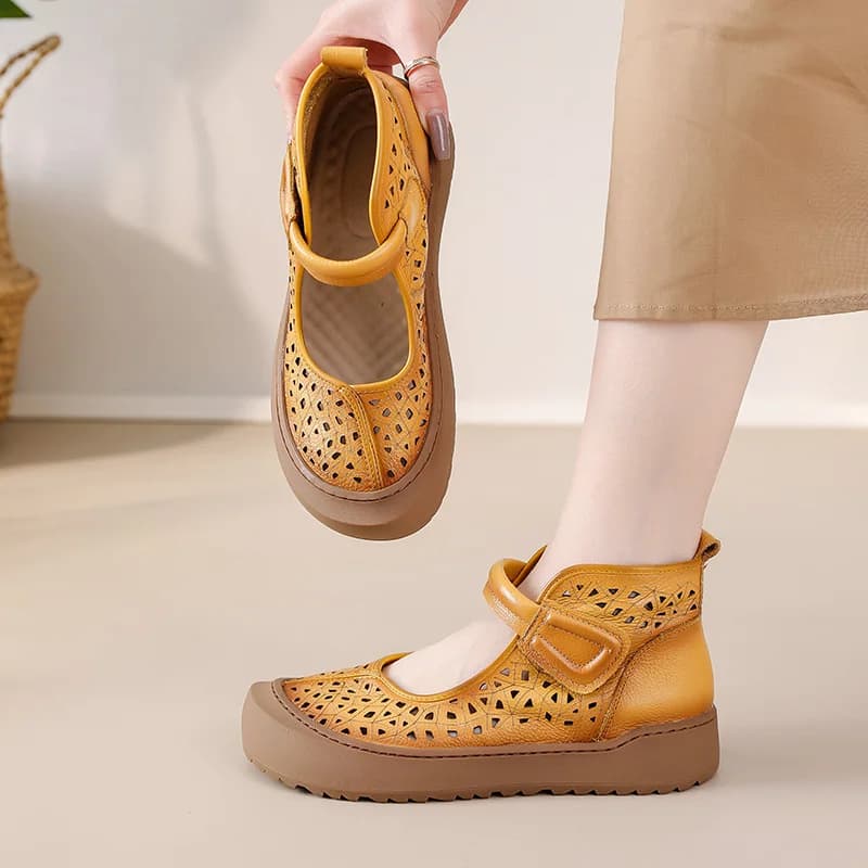 New luxury hollow out boots women's cowhide leather flats lady elegant high top shoes woman shallow hook loop ankle boots autumn