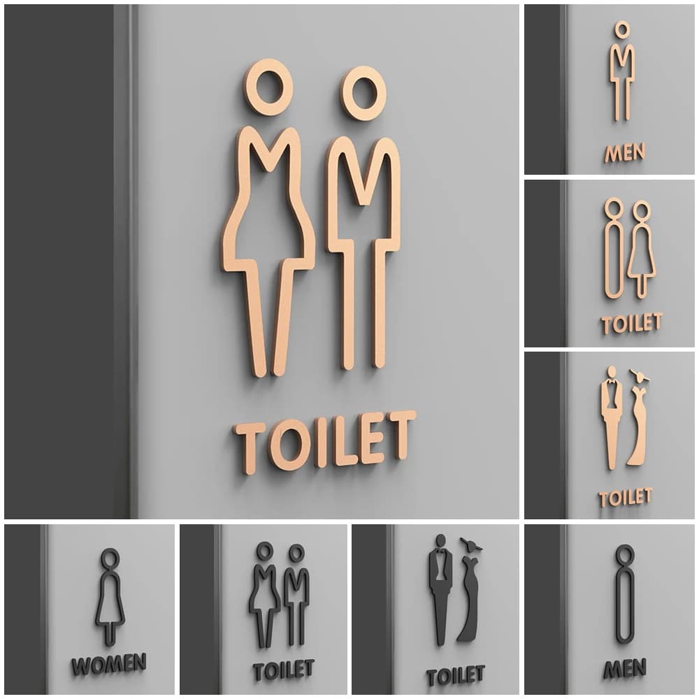 Targa per WC in acrilico con taglio laser in oro nero Acrilico 3D Etichetta da parete per porta della lavandino Adesivo per supporto per WC Art Hotel Home Decor
