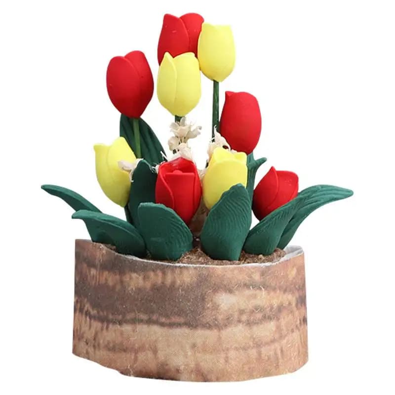 Decorazione per Casa delle Bambole, Pianta di Tulipano in Vaso in Scala 2, Ornamento Floreale in Miniatura per Scenari in Miniatura