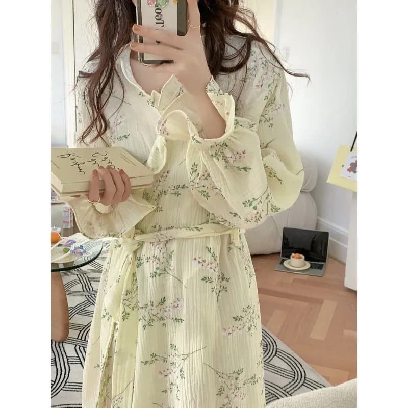 Korean Ins Kimono Lotus Edge bathrobe woman spring summer new cotton Ladies Spa Yukata Homewear long woman bathrobe