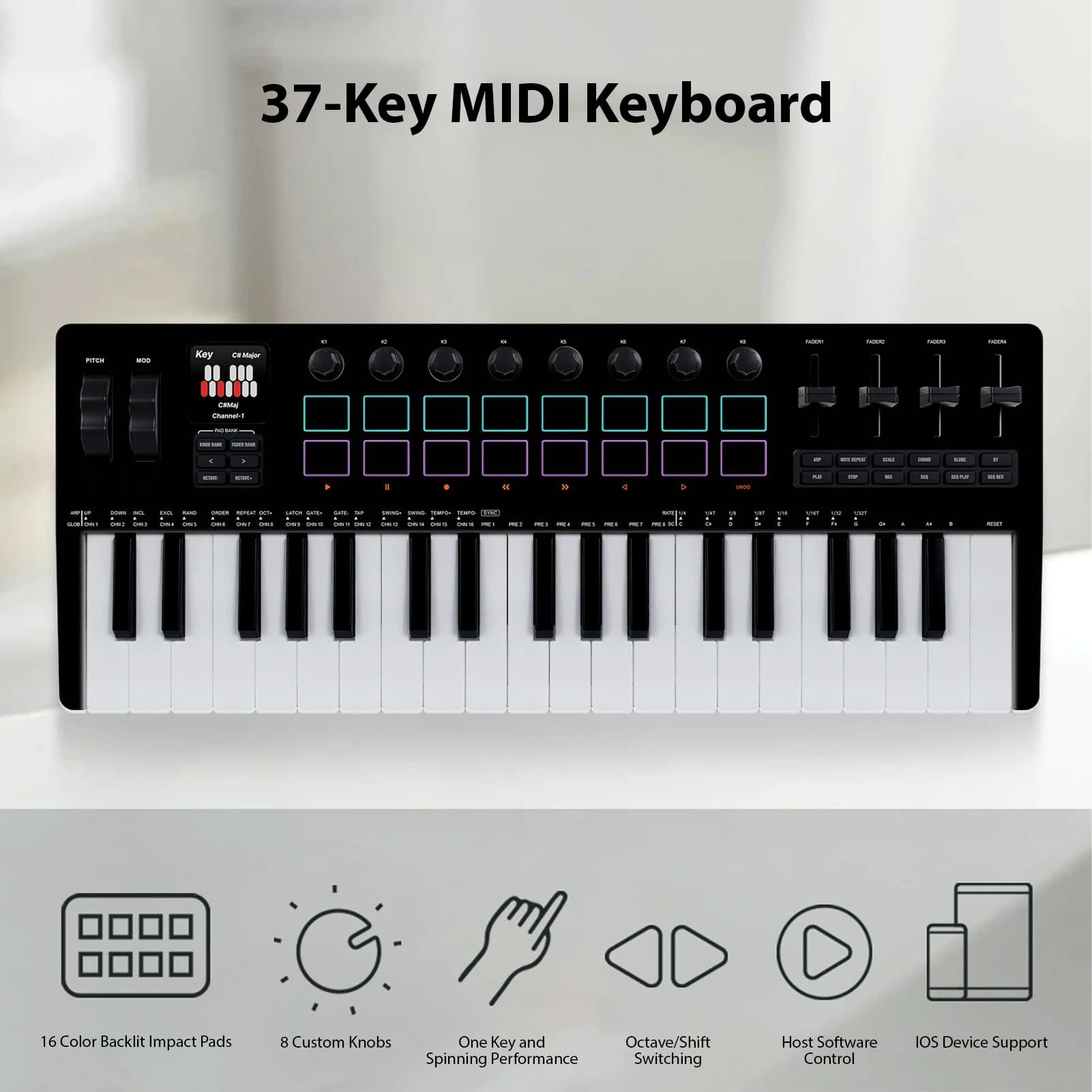 Controller MIDI M-VAVE a 37 tasti SMK-37 PRO BT Tastiera MIDI wireless con 16 batteria retroilluminata 8 manopole 4 fader per la produzione musicale