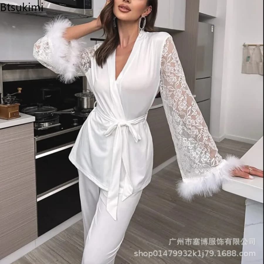 New 2026 Summer Lace Ice Silk Robes Sleepwear for Women Pajamas Smooth Soft Comfortable Casual Nightgowns Solid Color Nightdress