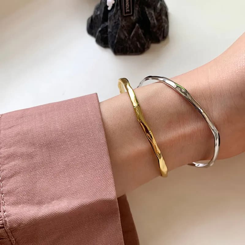PANJBJ 925 Sterling Silver Irregular Geometry Texture Bangle Bracelet for Women Girl Minimalism Jewelry Gift Dropshipping