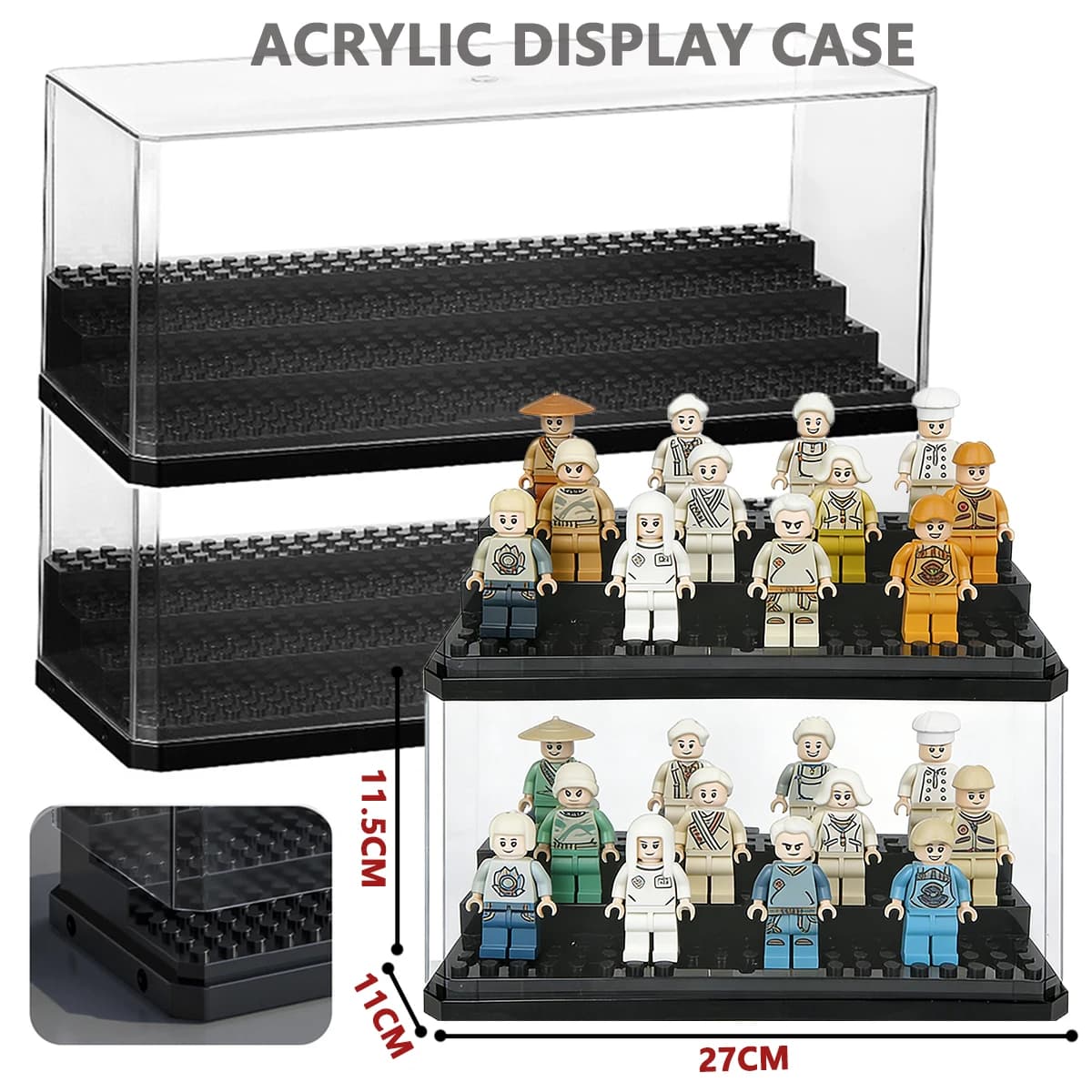 Acrylic display for minifigure Lego, transparent acrylic box, ABS base, stackable, organizer and anti-dust cabinet.