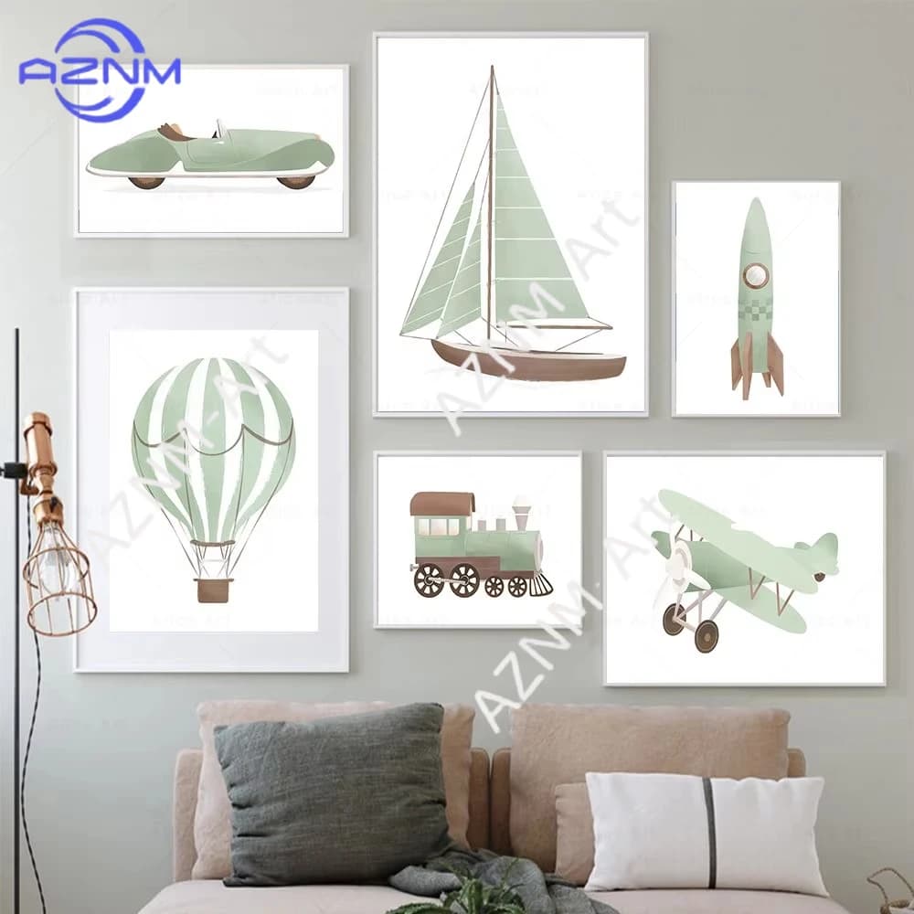 Poster da Parete con Aeroplano, Mongolfiera, Barca a Vela, Decorazione per Cameretta dei Bambini, Stampa Blu e Verde Salvia