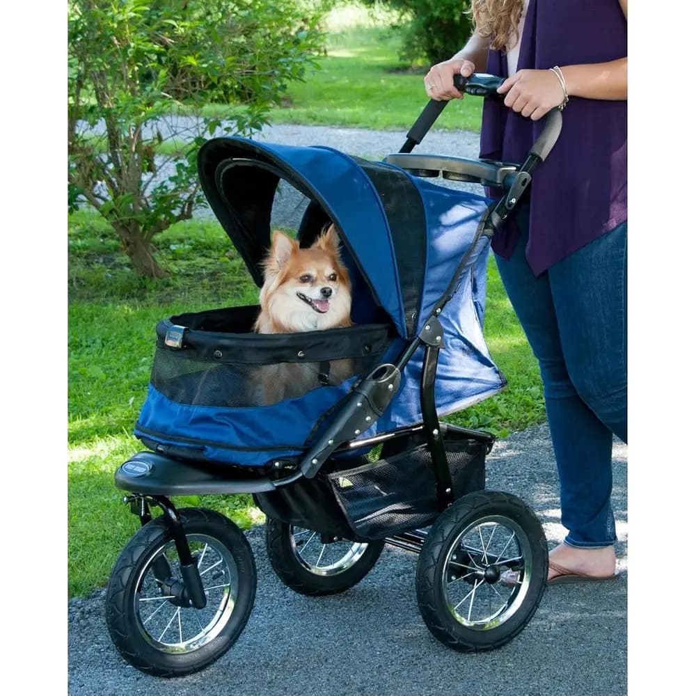 Passeggino per animali domestici Pet Gear No-Zip Jogger per cani/gatti, ingresso con cerniera, pneumatici AirlTires, facile da usare con una mano, portabicchieri + cestino portaoggetti, blu navy