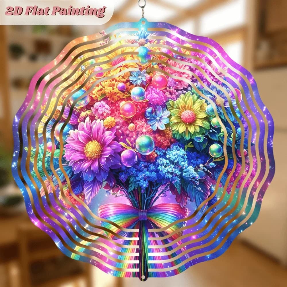 2D Flat, A Two-dimensional, Round Iron Wind Chime Featuring Colorful Floral Bouquets and Pearl Patterns. It Rotates 360