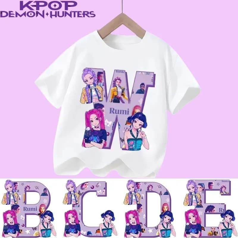 Nuovo modello di maglietta in puro cotone per ragazze con lettere dalla A alla Z di K-pop Demon Hunter, maglietta sportiva, top casual a maniche corte