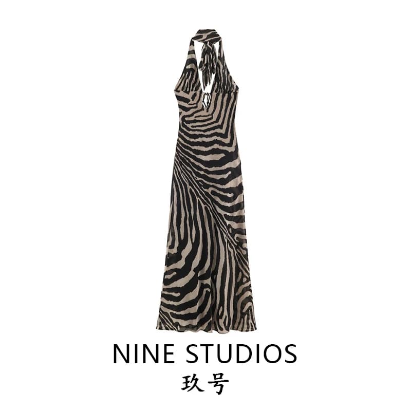 Sexy Animal Print Long Dress Neck Hanging Backless Dress for Women Casual Wear A-Line Skirt Style Polyester Fabric Print Design