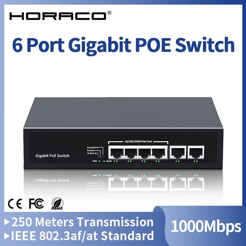 HORACO Switch POE Gigabit a 6 porte Switch di rete POE attivo 1000Mbps 60W per telecamera IP, NVR, sorveglianza, CCTV, telecamera POE
