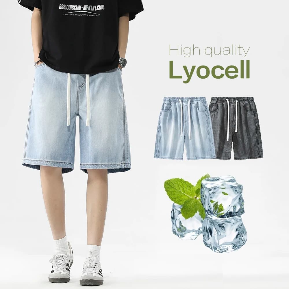 High Quality Denim Men's Shorts in Lyocell Fabric Summer Ice Silk, Larga and Straight fit, with Coulisse and Elastic Life, Streetwear Style