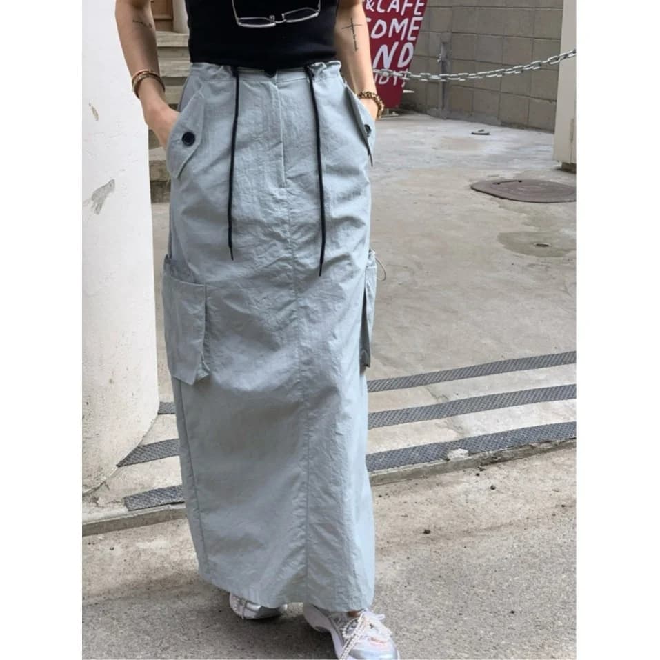 Elastic Waist Multi-Pocket Design Split Half Skirt Korean Style Spring Autumn Winter Women's Fashion Casual Skirt