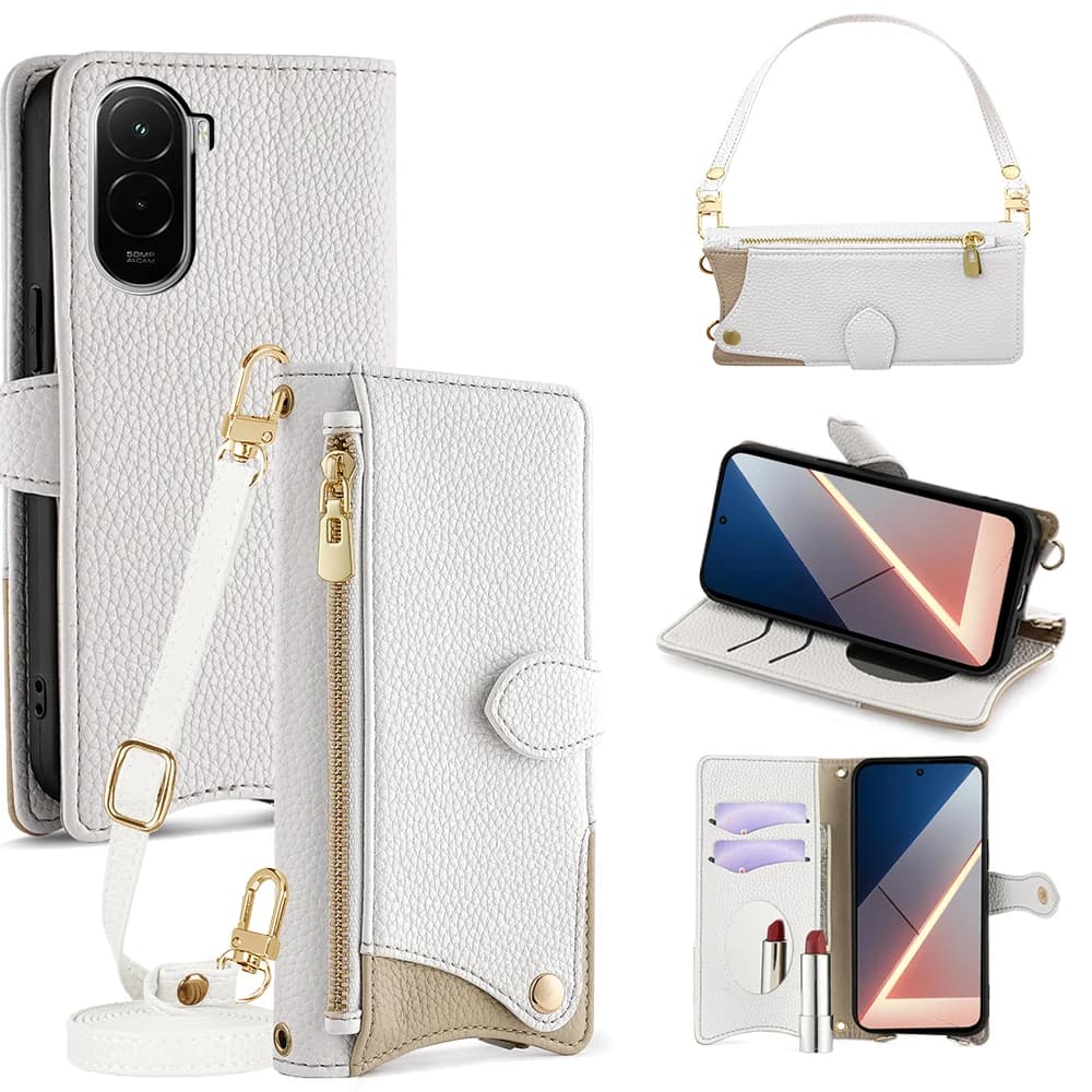 Zipper Crossbody Wallet Case For Poco M8 X8 Pro Max M7 F7 F6 X7 X6 Pro X3 NFC Metal Chain Leather 2 Cards Mini Mirror Flip Cover