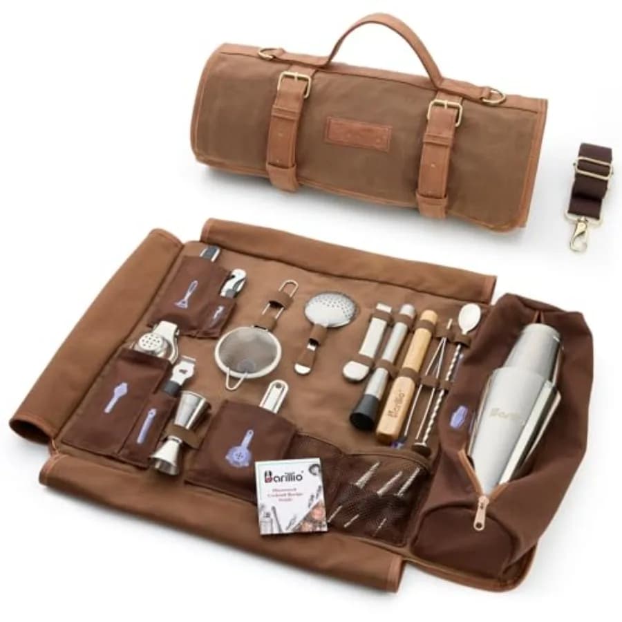 Bartender Kit Bag with Cocktail Shaker Set - Waxed Canvas, Traveling Bar Tools Bag with 17-Pc Cocktail Kit - Travel Mixology Ba