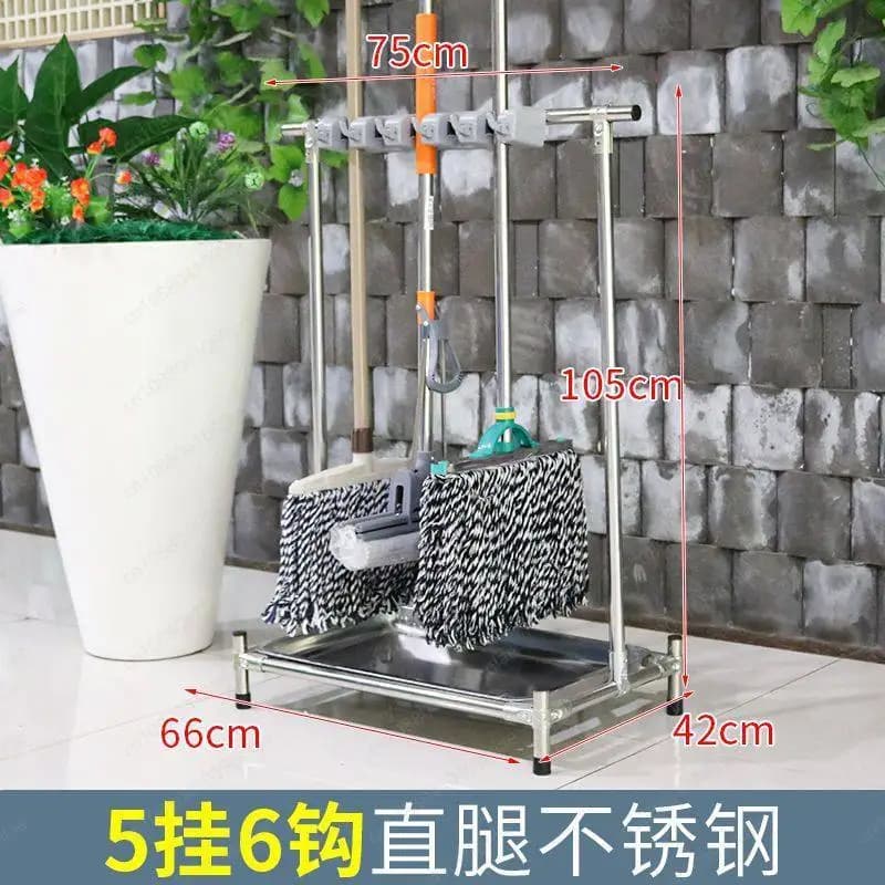 Stainless Steel Mobile Mop Rack 5-6 Hooks No Punch