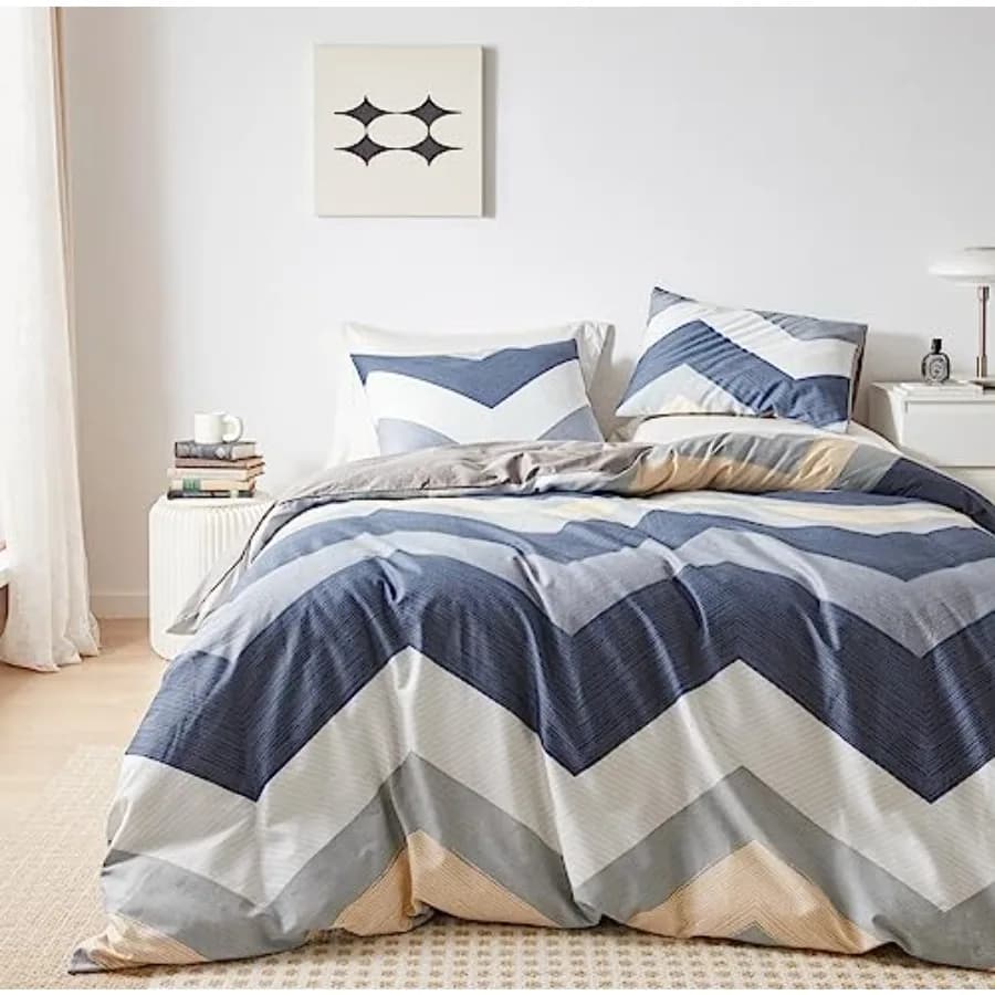 Copripiumino Astratto a Righe Geometriche 100% Cotone Set 3 Pezzi 1 Copripiumino Grigio con Cerniera e Lacci 2 Federe Neutre