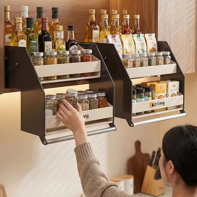 Organizzatore Estraibile per Armadietto da Cucina, Porta Spezie Regolabile per Armadietto Superiore, Cestello Portaoggetti Sottopensile per Dispensa