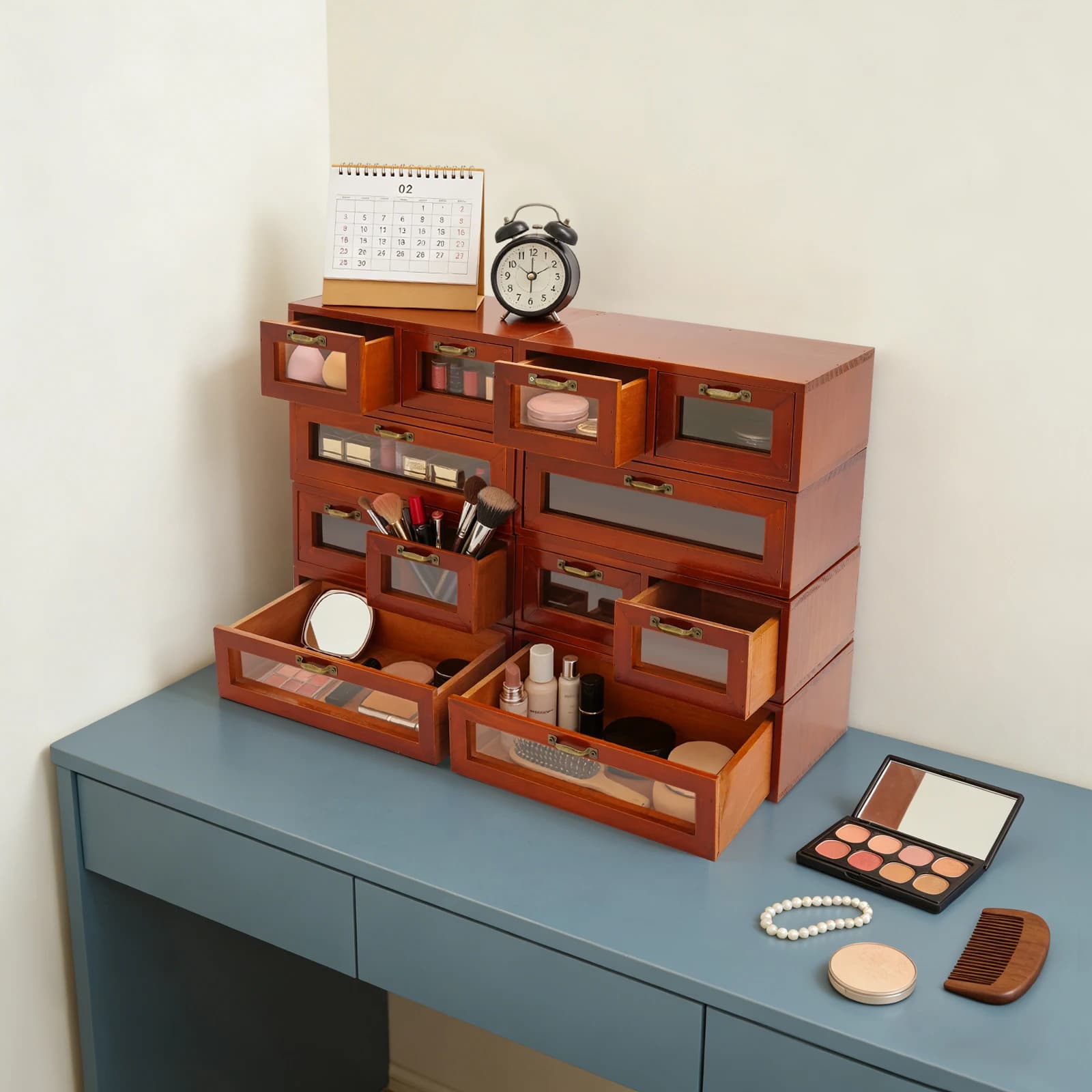 Set di 4 armadietti vintage impilabili con 12 cassetti, organizer da scrivania con maniglie, set di 4 scatole portaoggetti in legno NUOVO (Marrone)