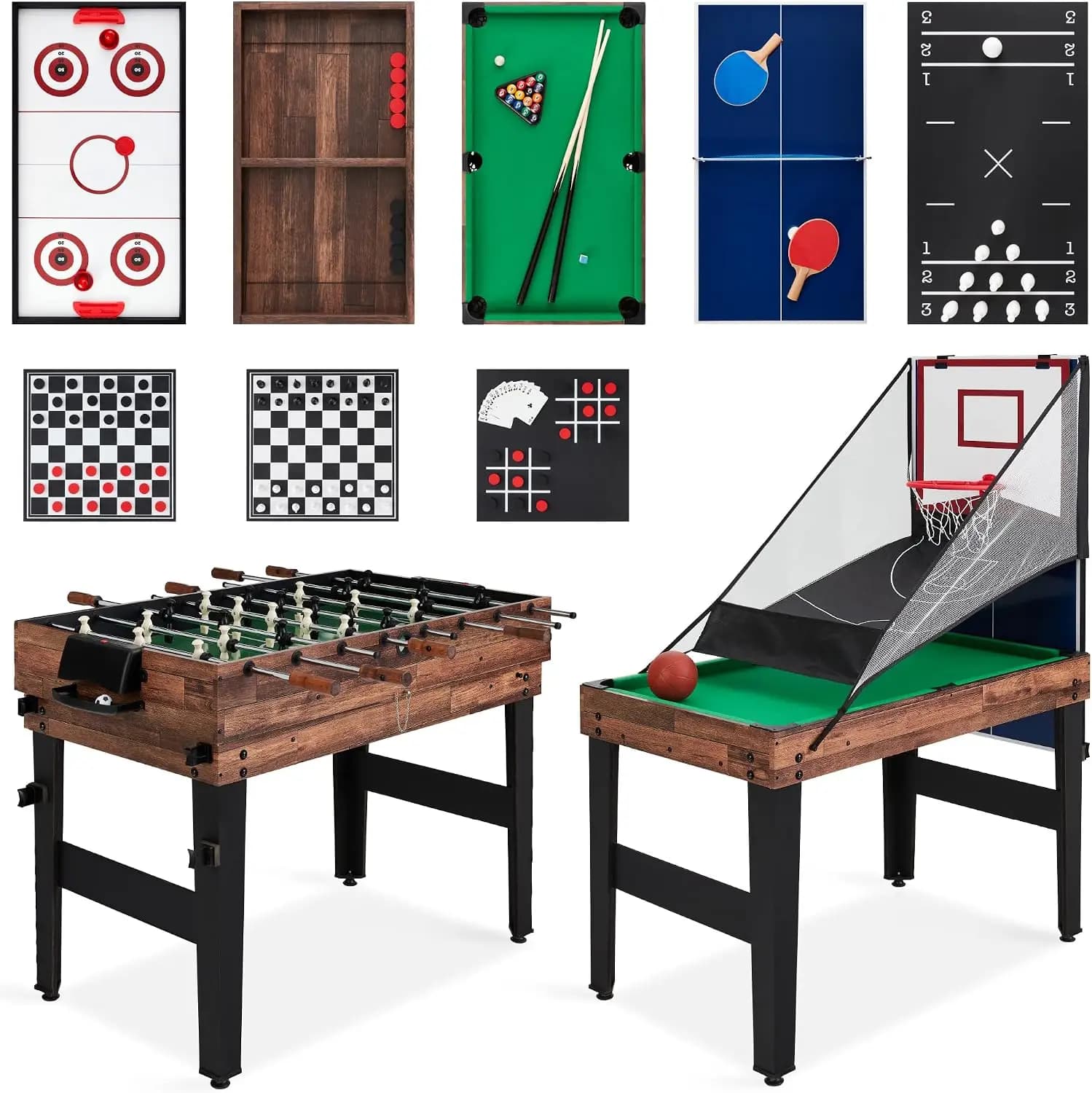13-in-1 Combo Game Table Set, Multi-Game Arcade Table w/ Ping Pong, Foosball, Billiards, Basketball, Air Hockey & Chess, Steel Rods