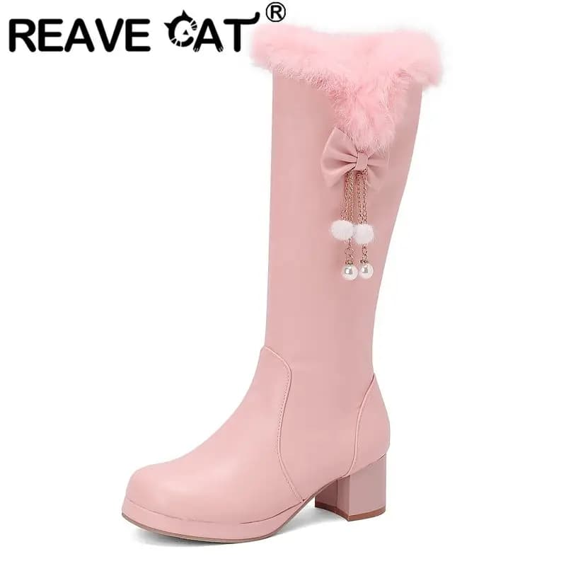 REAVE CAT Sweet Female Knee Boots Round Toe Block Heels 5cm Platform 1.5cm Bowknot Big Size 47 48 Plush Bota