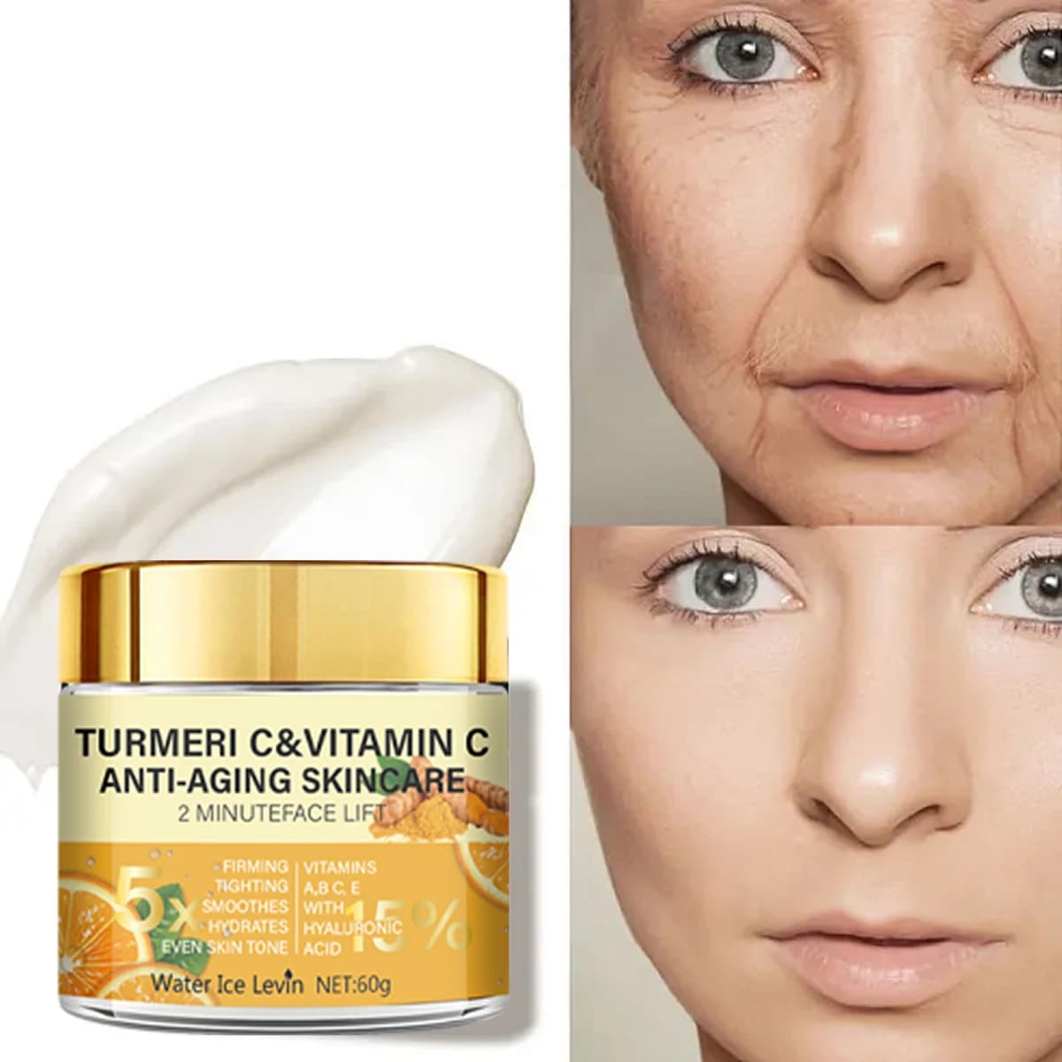 Crema Viso alla Curcuma e Vitamina C con Niacinamide e Acido Ialuronico – Rassodante, Lifting, Levigante, Idratante, Uniformante il Tono della Pelle 60g