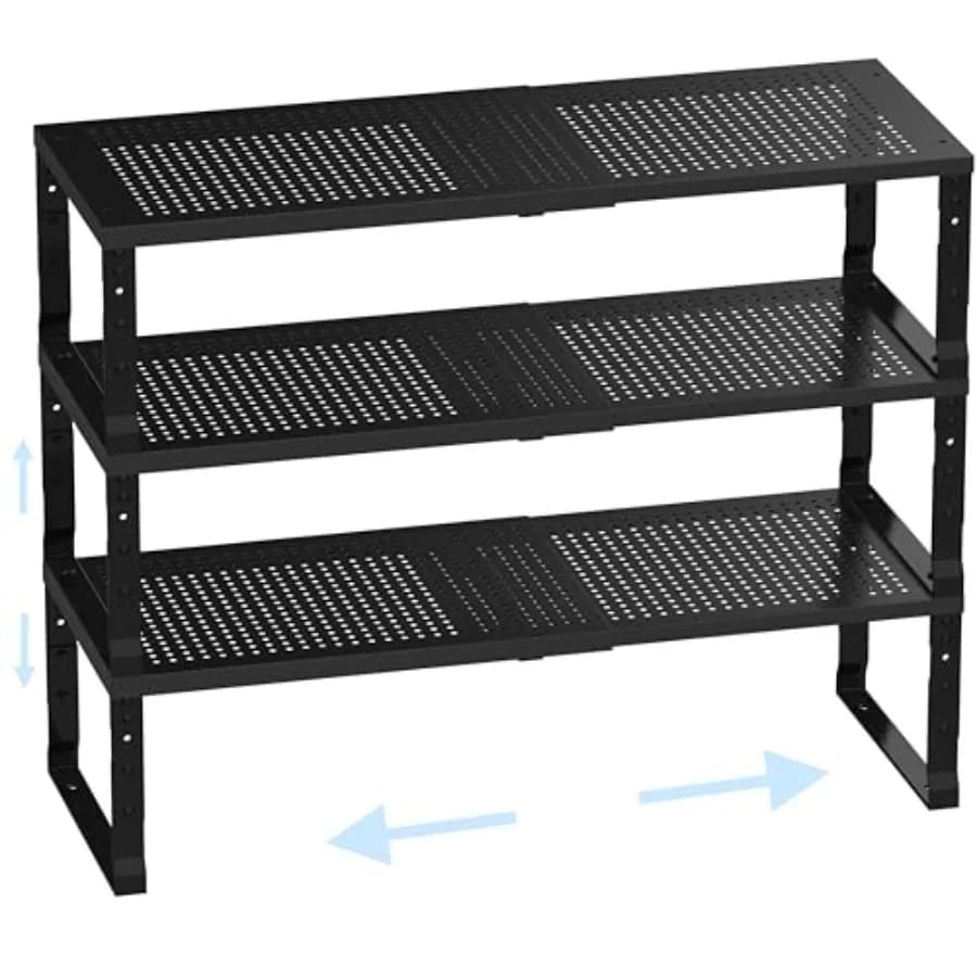 Kitchen cabinet shelf organizer for spices, stackable and expandable metal rack, rust-resistant black medium size, countertop a
