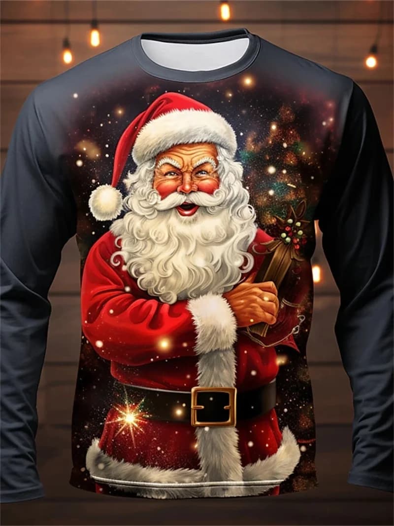 Long Sleeved T-shirt with Santa Claus Christmas Graphics with All Over Printing for Men Casual Men's Oversize Crew T-shirt