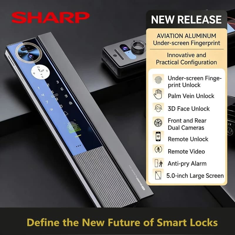 Serratura Intelligente SHARP H5-FV, Completamente Automatica con Riconoscimento Facciale 3D, Password, Carta, Impronta Digitale, Monitoraggio Video, Riconoscimento Vene Palmari, Antifurto