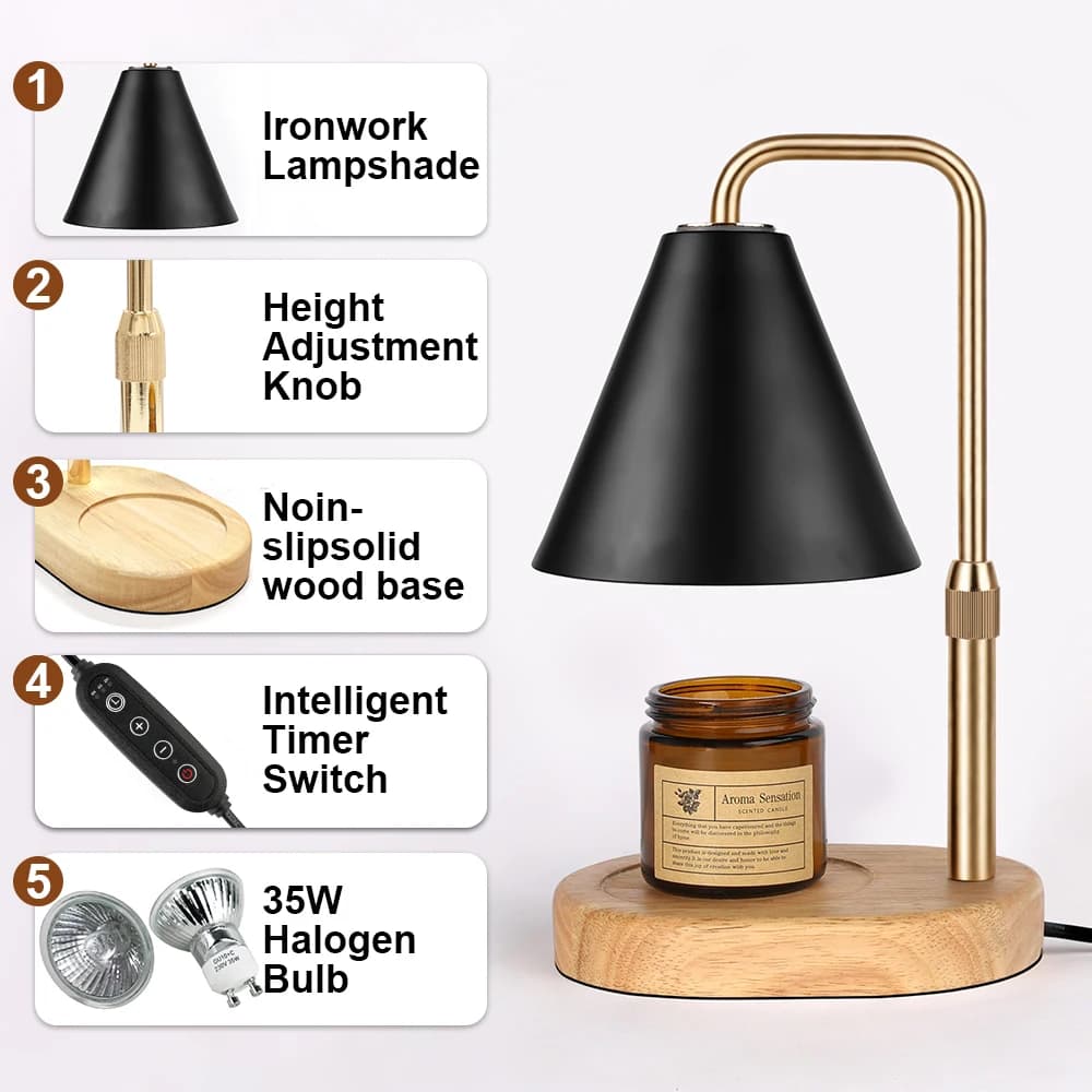 Lampada Scaldacera Nera con Timer - Scioglitore di Cera Dimmerabile e Regolabile, Decorazione per la Casa, Regalo Ideale per Compleanni, Inaugurazioni e Halloween