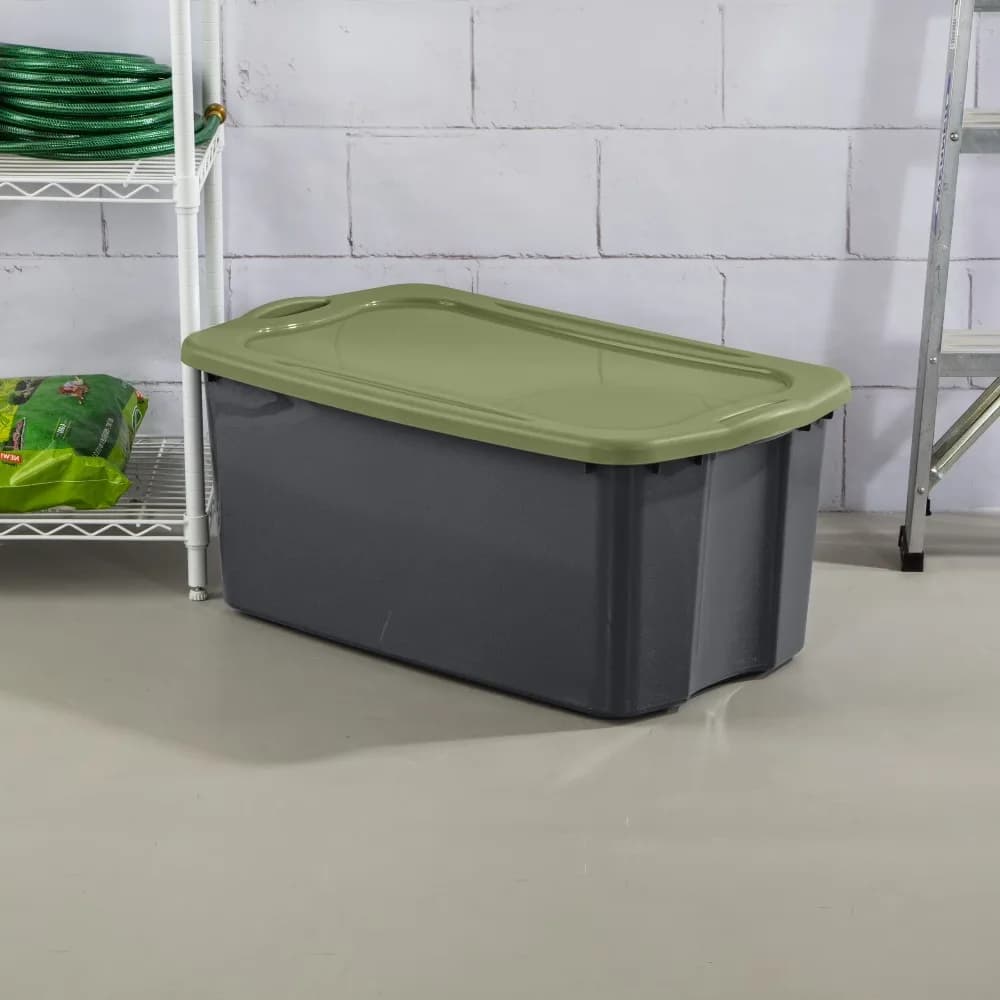 30 Gallon Extra-Large Gray Plastic Storage Bin with Secure Snap Lid & Ergonomic Full-Grip Carrying Handles, Recessed Stackable Heavy Duty Tote Conceals Contents & Blocks Dust, Spacious Organizer for Seasonal Clothes.