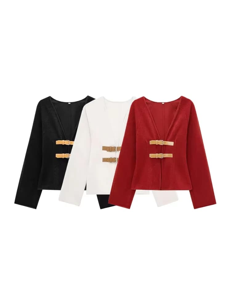 Smvp Fashionable Women's Wool Jacket with Belt, V Neckline, Long Sleeves, Women's Coat, Top Chic