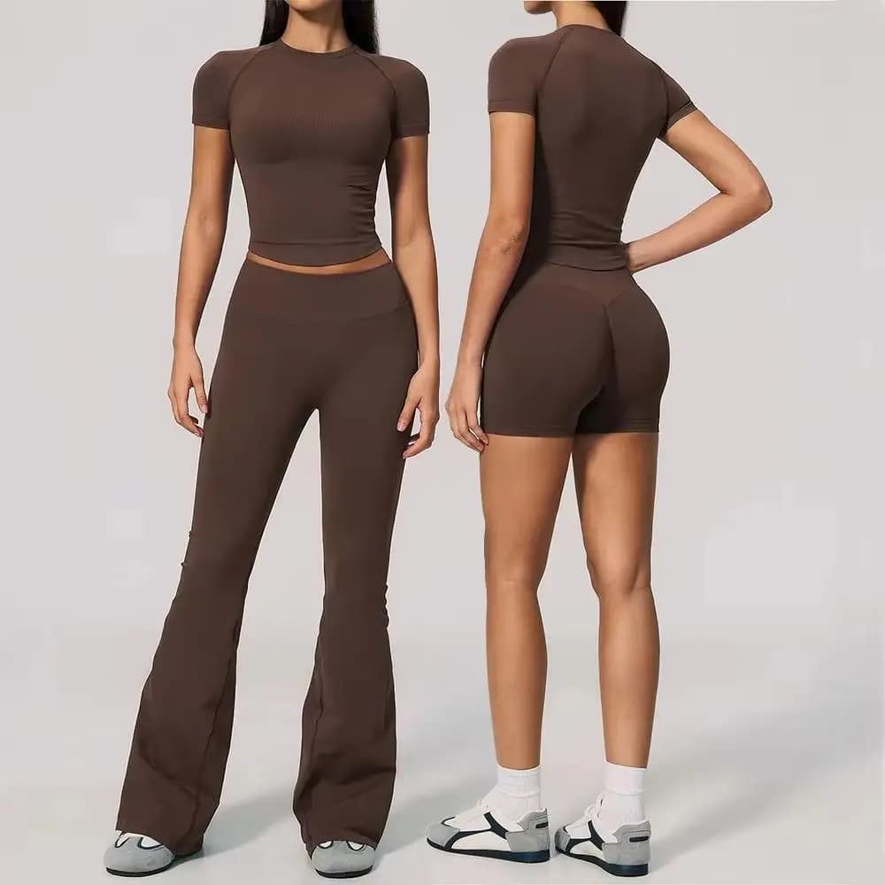 Seamless Ribbed 2PCS Fitness Yoga Outfit Women Short Sleeve Crop Top Butt Lifting Pant Shorts Gym Clothing Workout Athletic Wear