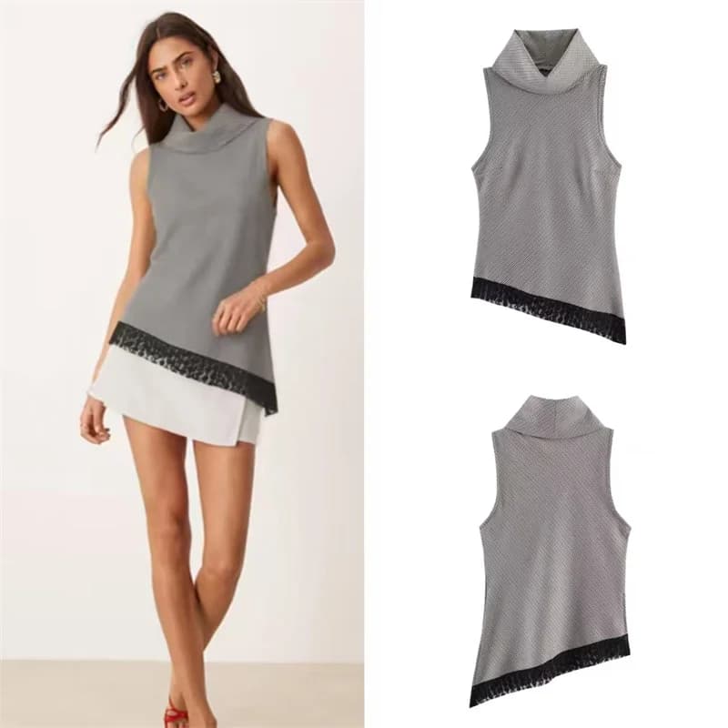 Houndstooth Asymmetrical Hem Lace Top Women's Casual Long Sleeve Blouse Fashionable Elegant Style