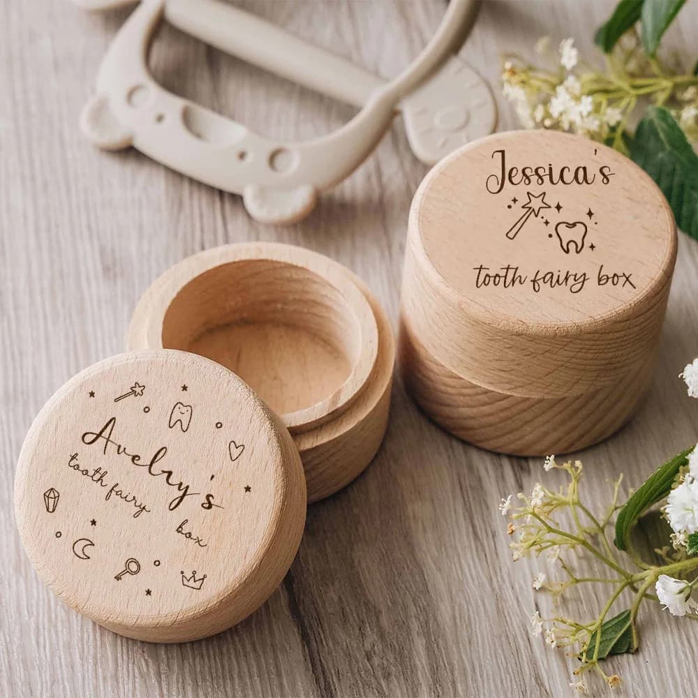Scatola personalizzata per fatina dei denti Primo regalo di compleanno Ricordo con nome personalizzato inciso Scatole per denti da latte per ricordi dei denti in legno