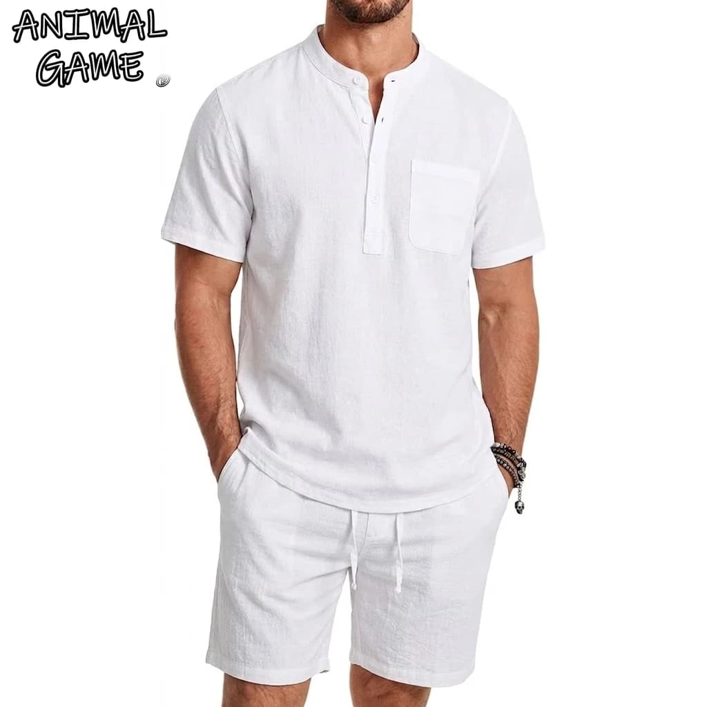 Completo da uomo 2 pezzi estivo: pantaloni casual e camicia hawaiana a maniche corte tinta unita - Abbigliamento sportivo da uomo