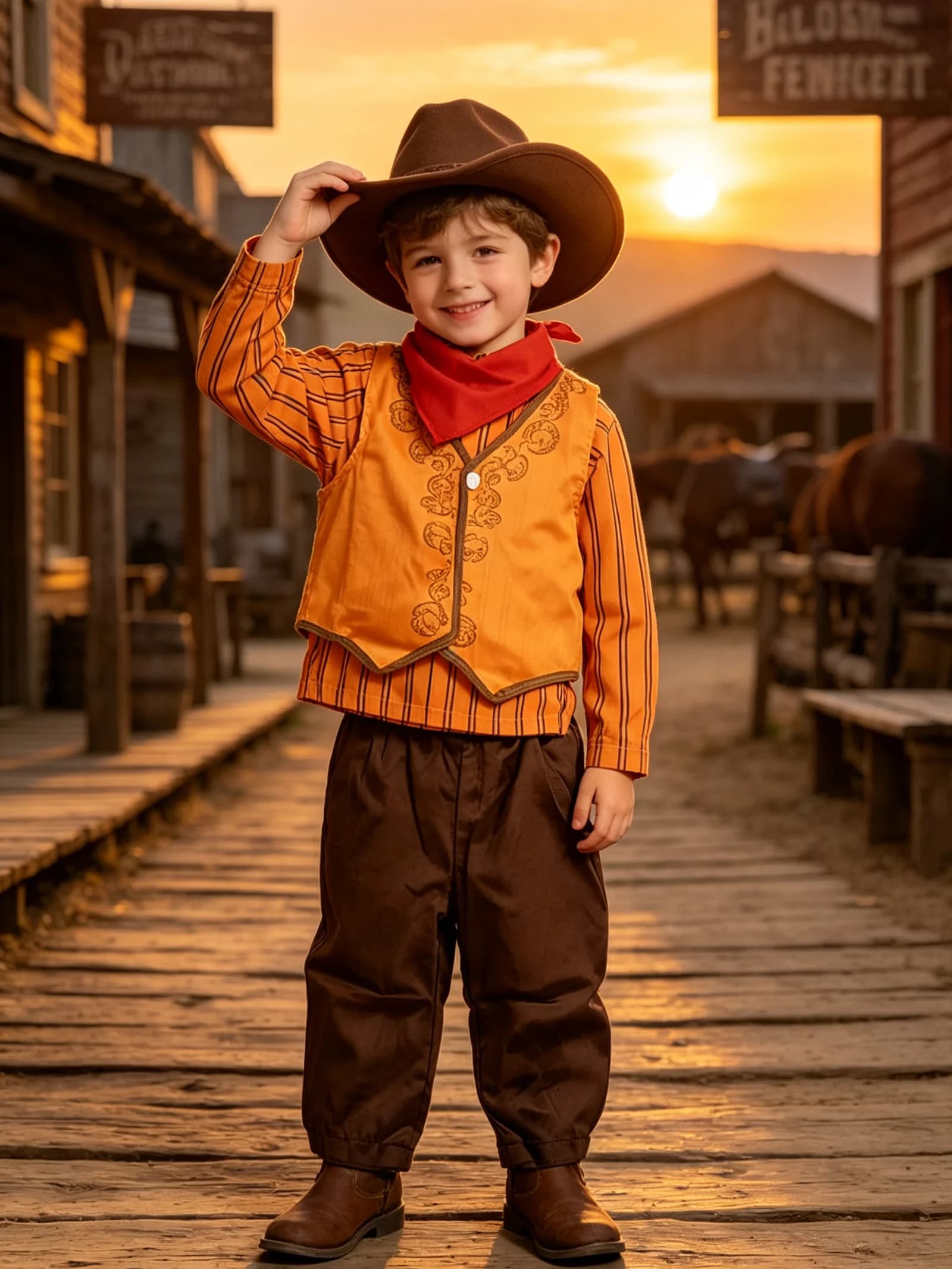 Kids Western Themed Outfit, Boys Orange Vest and Pants Set with Scarf