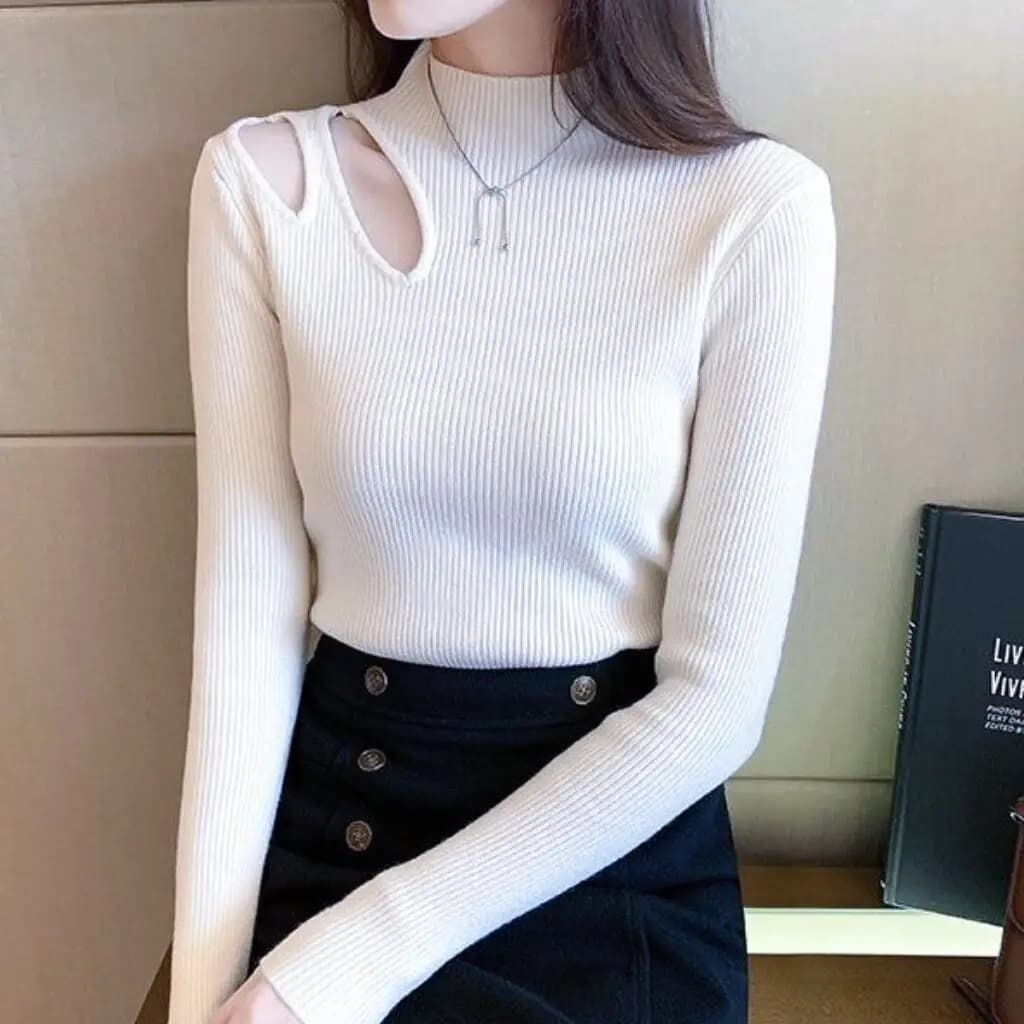 Sexy Hollow-out Turtleneck Knitted Vintage Sweater Ribbed Pullovers Autumn Winter Basic Women Casual Sweaters Fit Soft Warm Tops